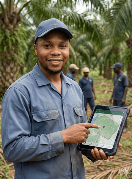 On the Farm: Testing the Scout App in Nigeria - A man in a palm oil plantation holding a tablet